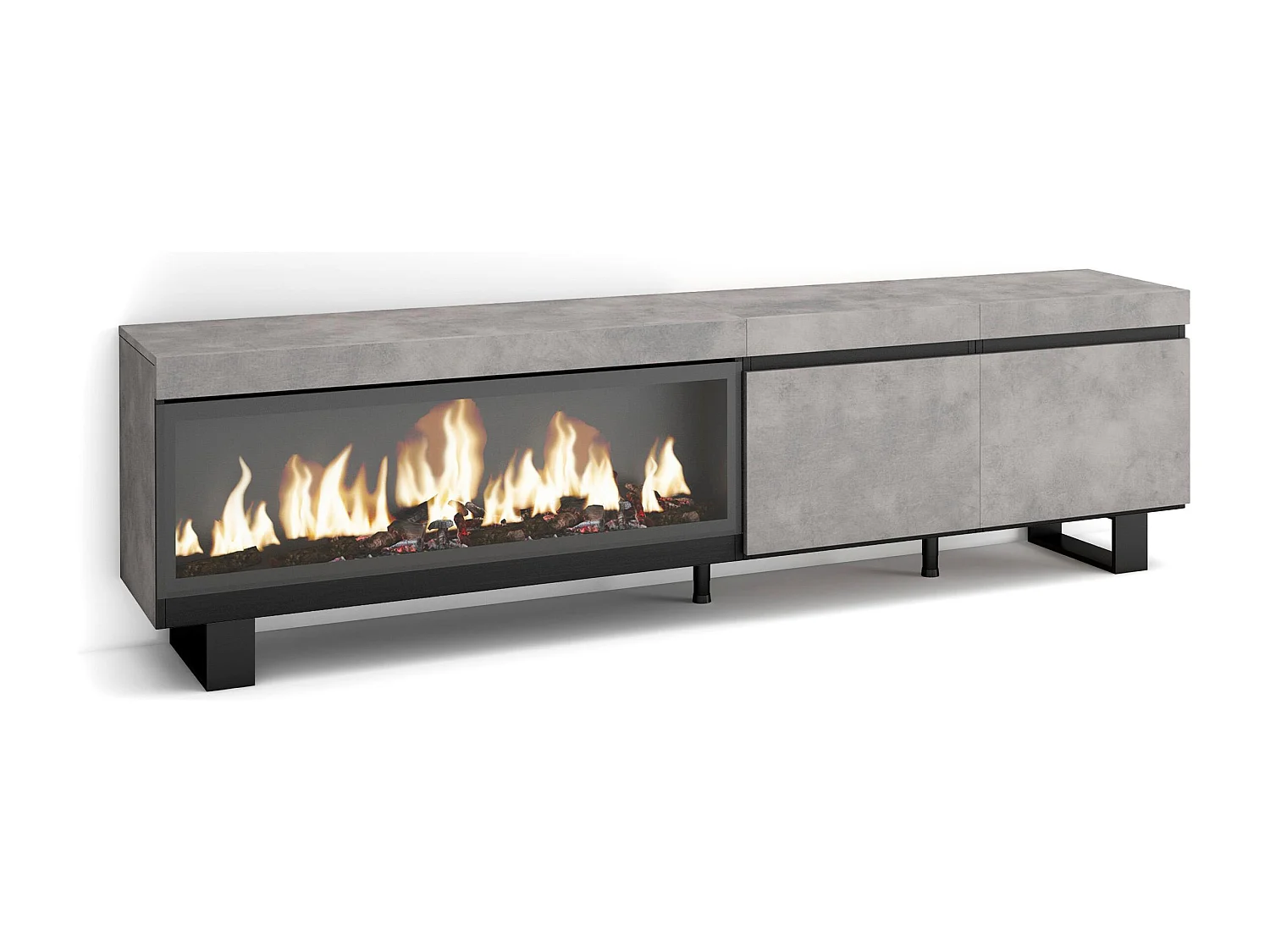 TV-Meubel, Lowboard, 208x35x57cm, Voor tv's tot 80", Elektrische haard XXL, Industrieel design, Cement