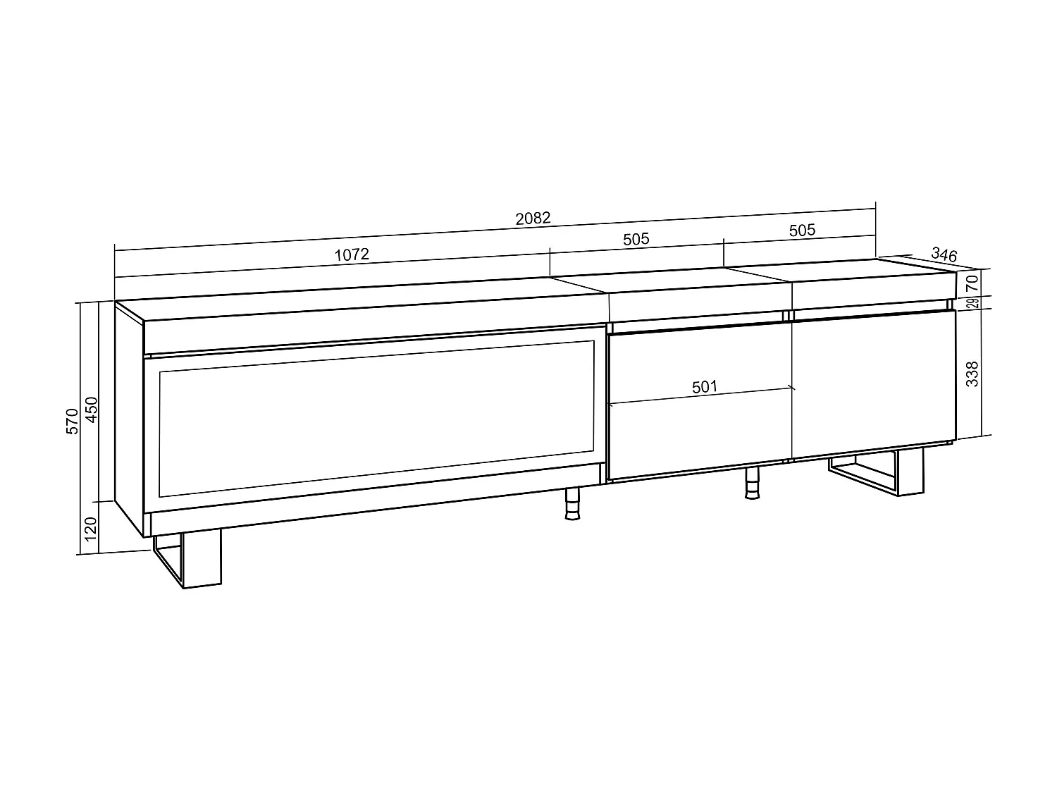 TV-Meubel, Lowboard, 208x35x57cm, Voor tv's tot 80", Elektrische haard XXL, Industrieel design, Cement