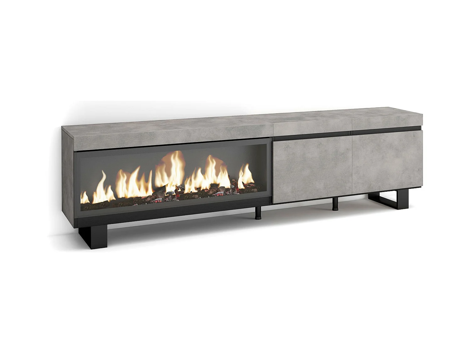 Meuble TV, Banc Télé, 208x35x57cm, Pour les TV jusqu'à 80", Cheminée électrique XXL, Design industriel, Ciment