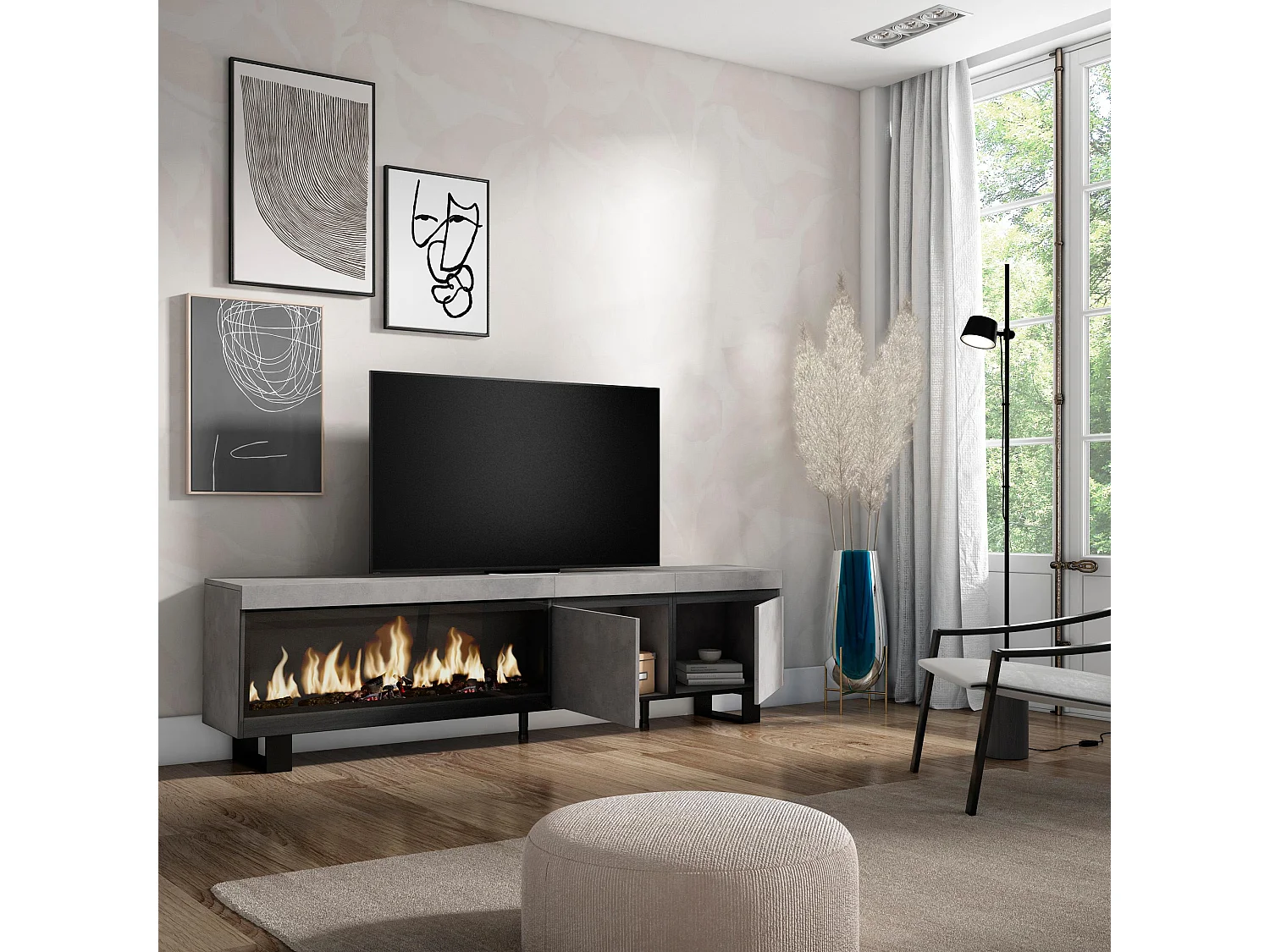 TV-Schrank, Lowboard, 208x35x57cm, Für TV-Geräte bis zu 80", Elektrokamin XXL, Industriedesign, Zement