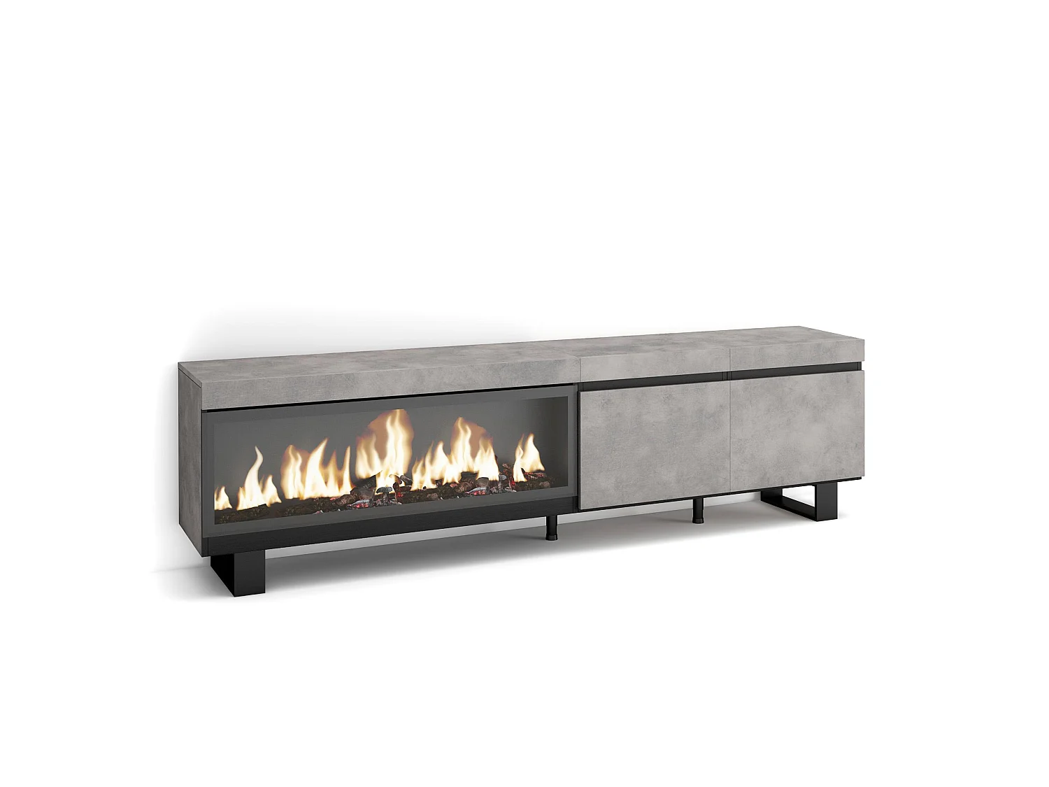 TV-Meubel, Lowboard, 208x35x57cm, Voor tv's tot 80", Elektrische haard XXL, Industrieel design, Cement
