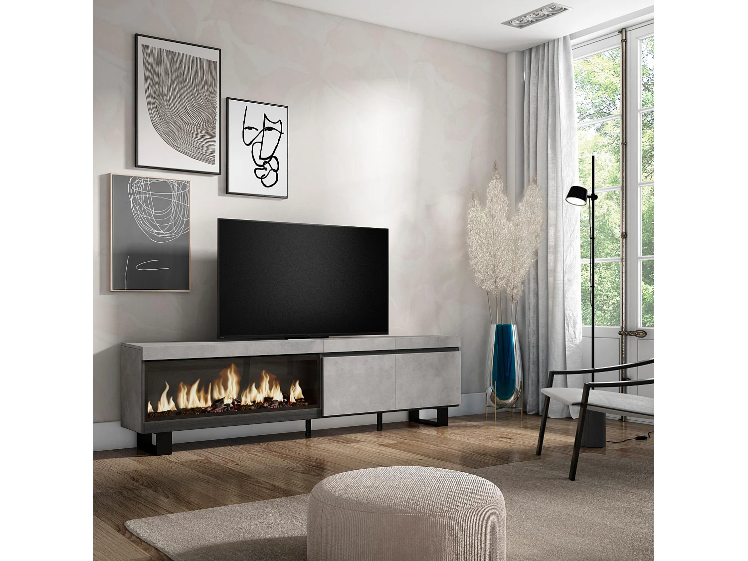 TV-Meubel, Lowboard, 208x35x57cm, Voor tv's tot 80", Elektrische haard XXL, Industrieel design, Cement