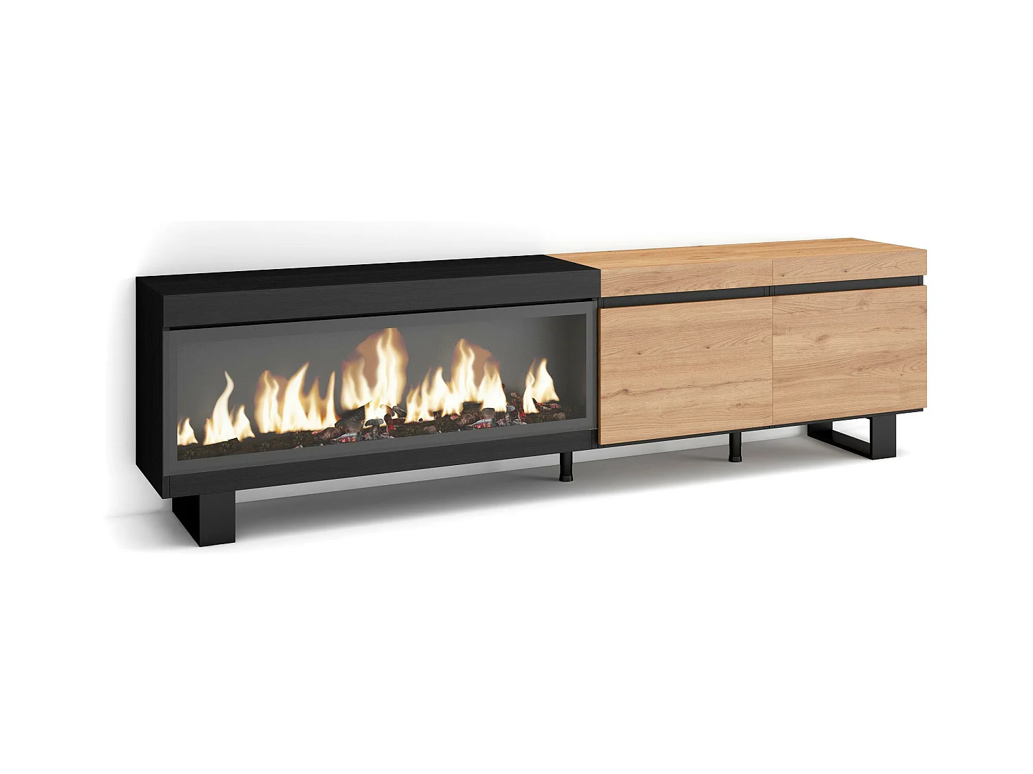 TV-Meubel, Lowboard, 208x35x57cm, Voor tv's tot 80", Elektrische haard XXL, Industrieel design, Eiken/Zwart