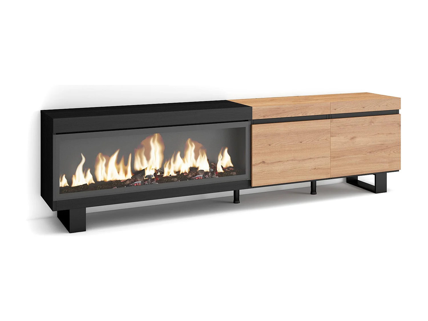 Meuble TV, Banc Télé, 208x35x57cm, Pour les TV jusqu'à 80", Cheminée électrique XXL, Design industriel, Chêne et noir