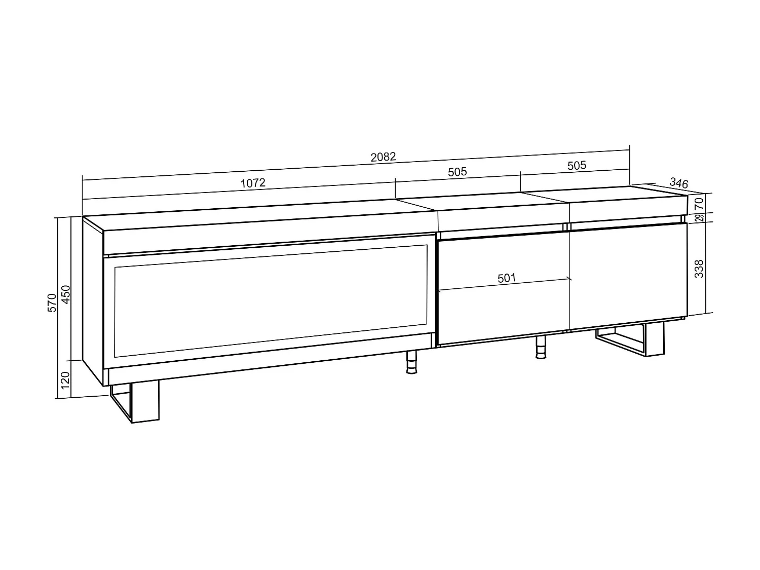 Meuble TV, Banc Télé, 208x35x57cm, Pour les TV jusqu'à 80", Cheminée électrique XXL, Design industriel, Chêne et noir
