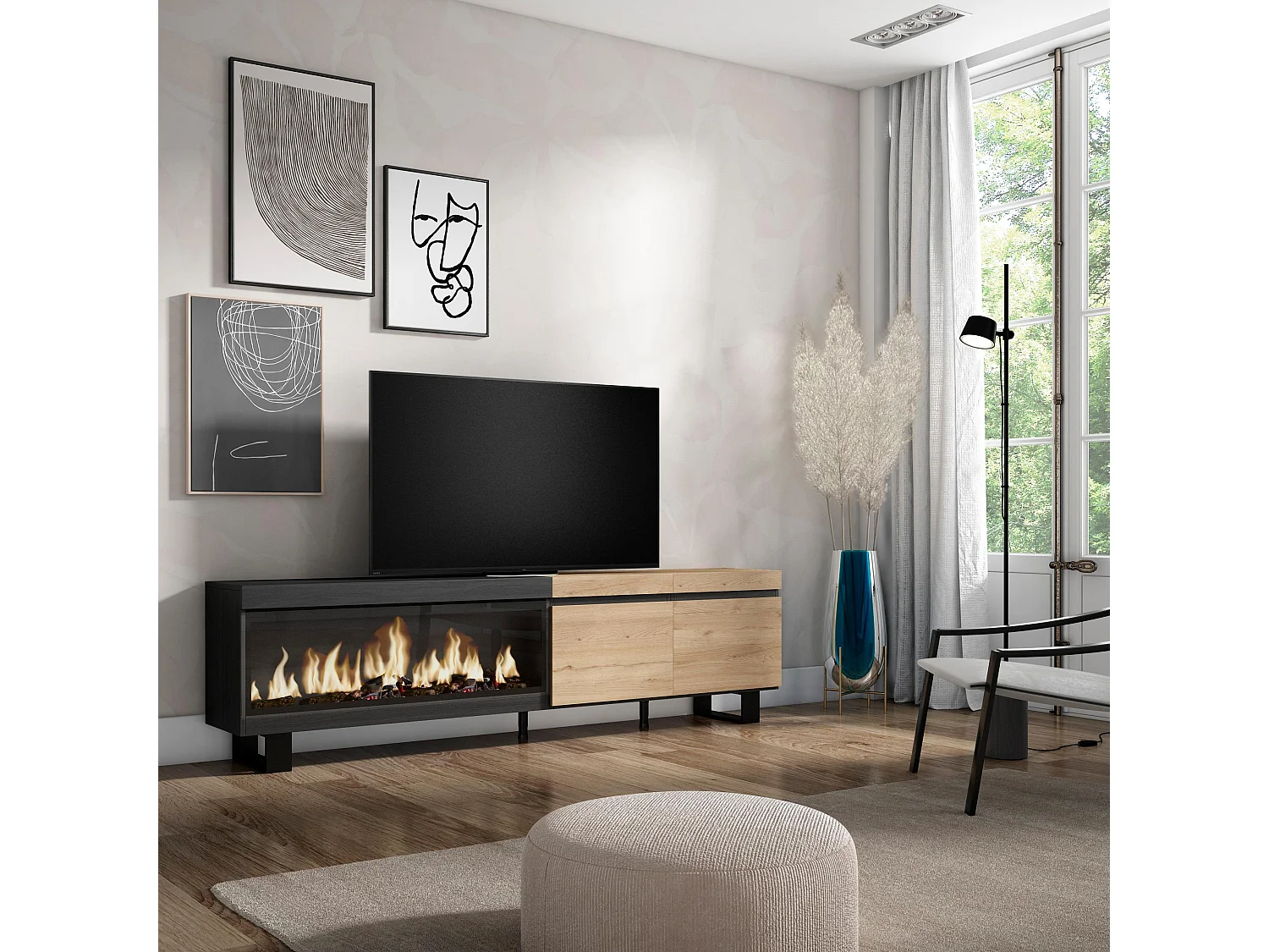 Meuble TV, Banc Télé, 208x35x57cm, Pour les TV jusqu'à 80", Cheminée électrique XXL, Design industriel, Chêne et noir