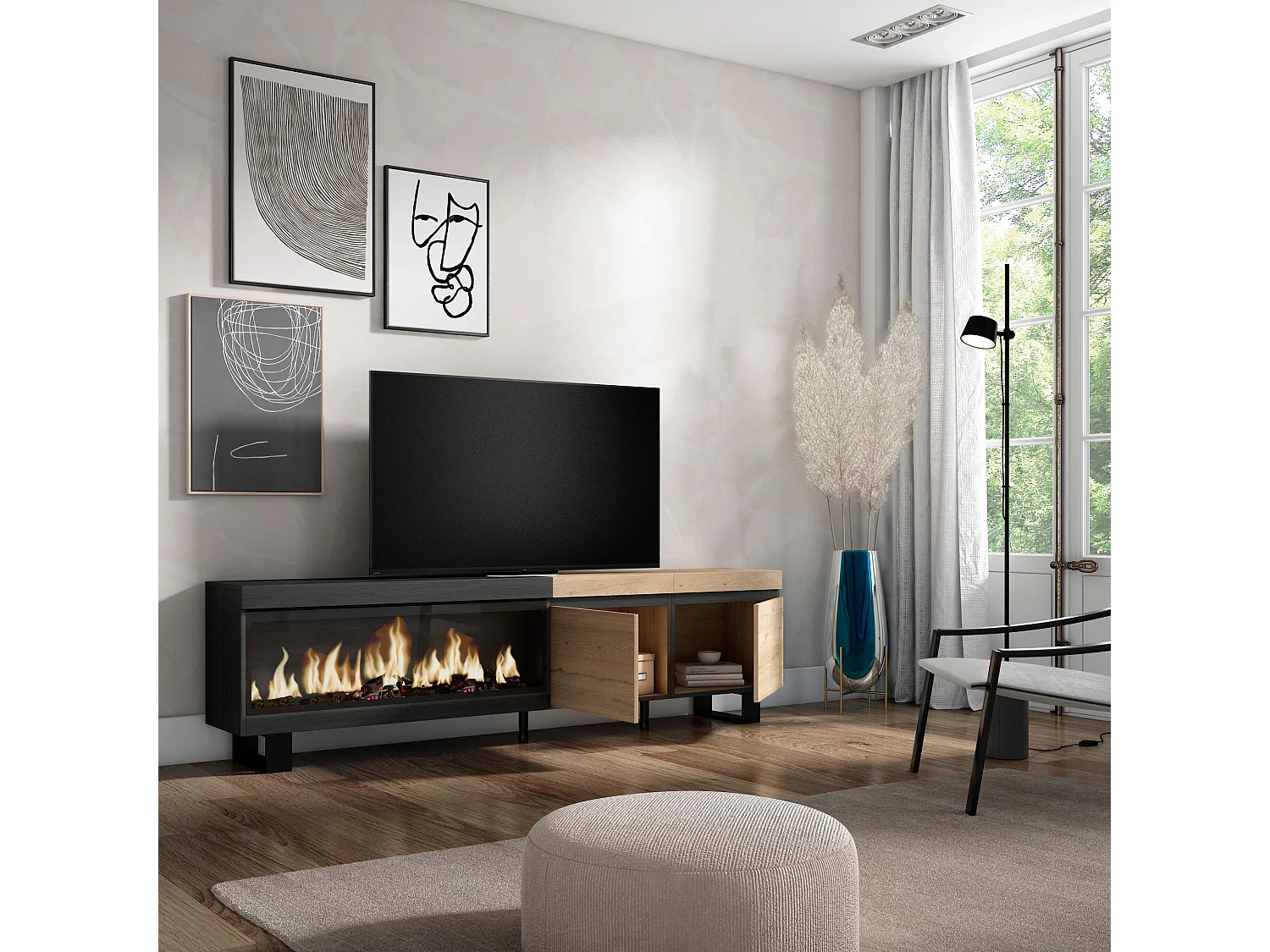 Meuble TV, Banc Télé, 208x35x57cm, Pour les TV jusqu'à 80", Cheminée électrique XXL, Design industriel, Chêne et noir