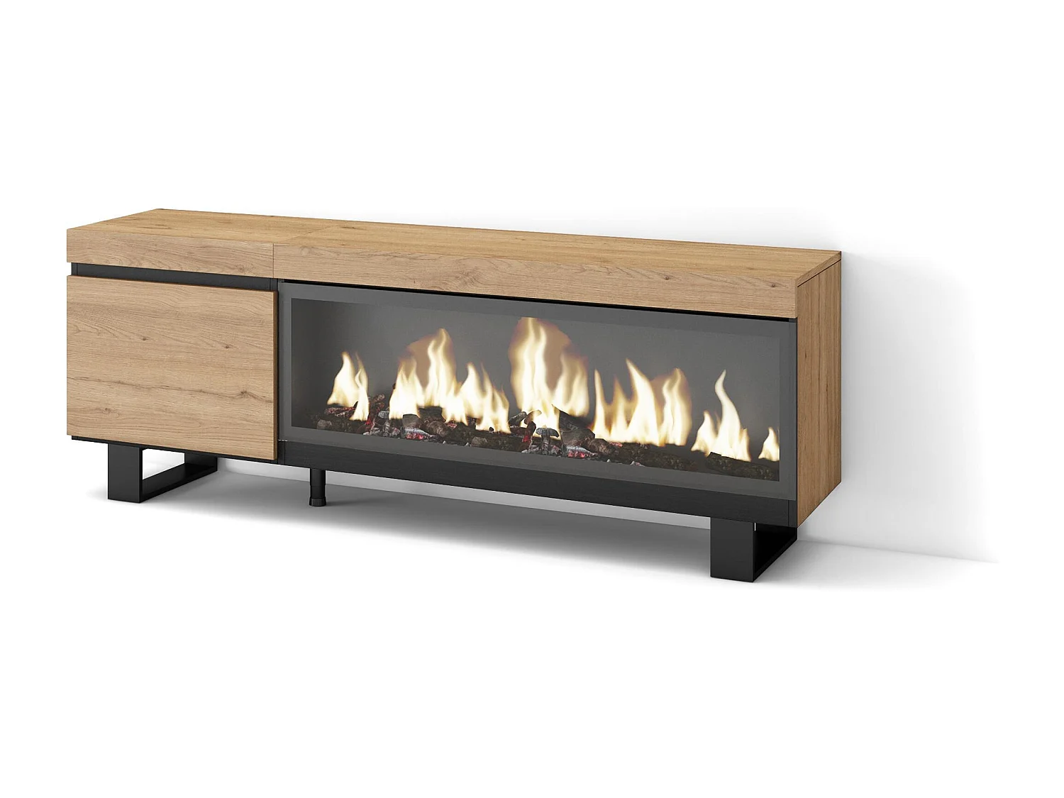 Mobile TV Soggiorno, 158x35x57cm, Per TV fino a 65", Camino elettrico XXL, Design industriale, Rovere