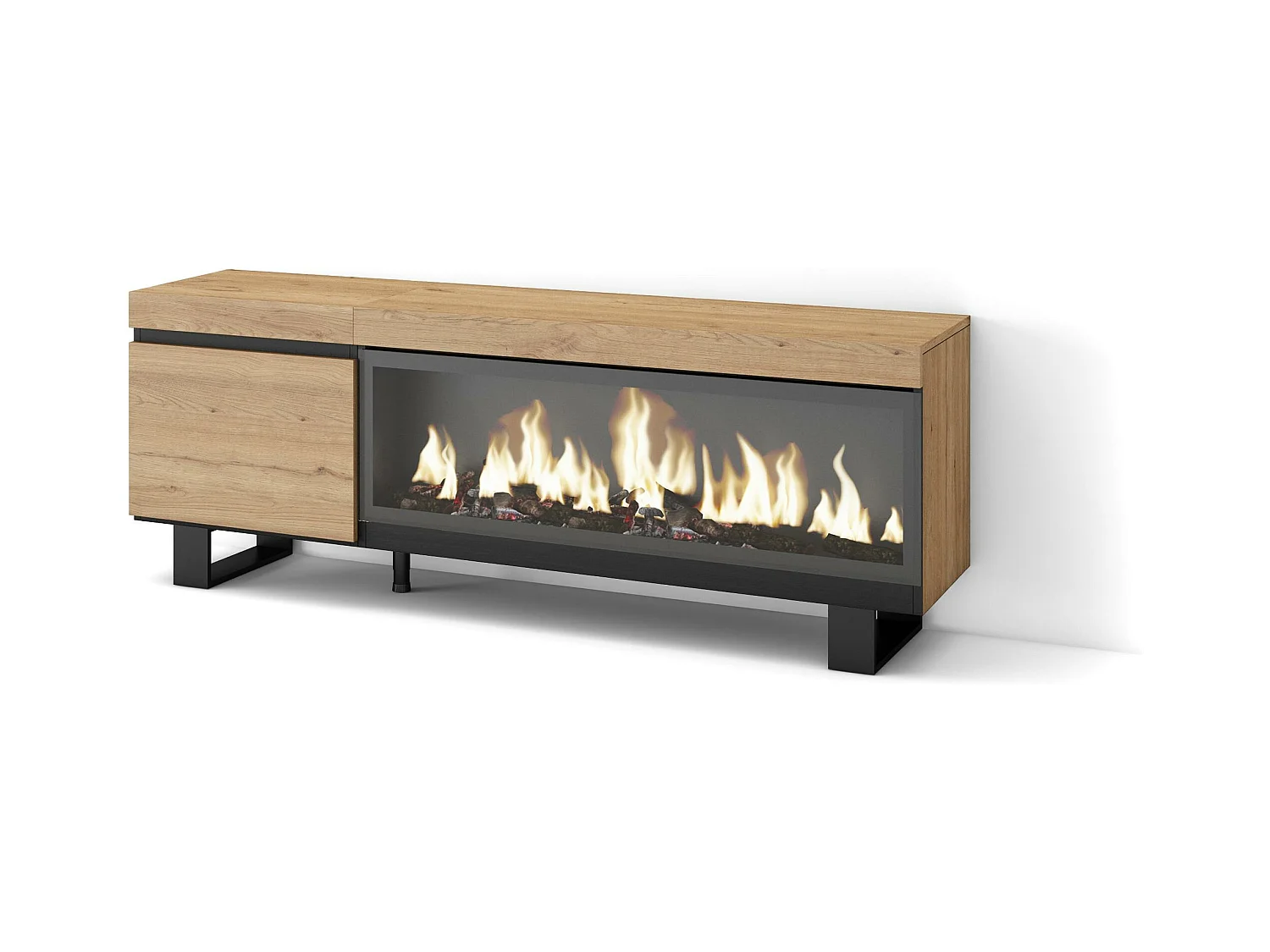 Meuble TV, Banc Télé, 158x35x57cm, Pour les TV jusqu'à 65", Cheminée électrique XXL, Design industriel, Chêne
