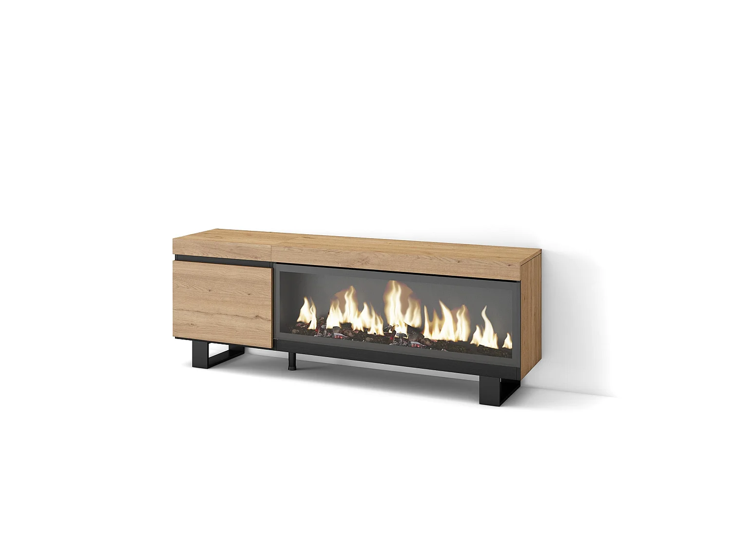 Mueble TV, Televisión, 158x35x57cm, Para TV hasta 65", Chimenea eléctrica XXL, Diseño industrial, Roble