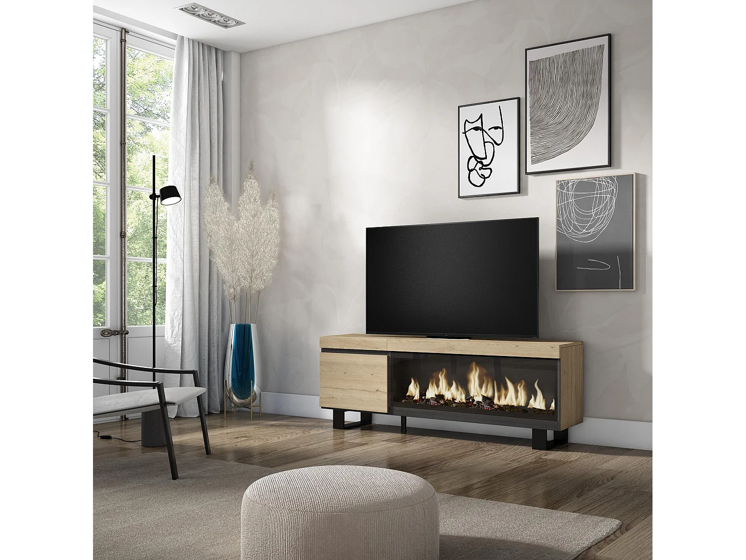 Mueble TV, Televisión, 158x35x57cm, Para TV hasta 65", Chimenea eléctrica XXL, Diseño industrial, Roble