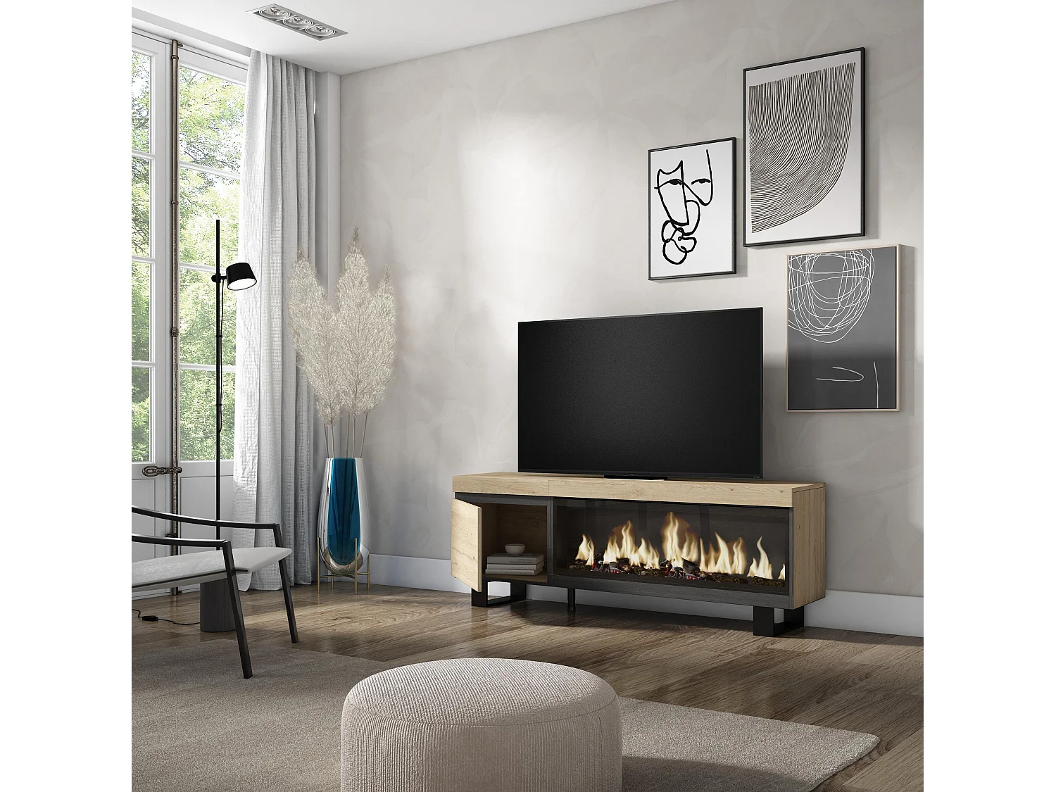 Mueble TV, Televisión, 158x35x57cm, Para TV hasta 65", Chimenea eléctrica XXL, Diseño industrial, Roble
