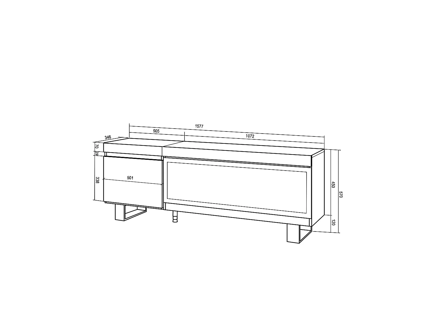 Mueble TV, Televisión, 158x35x57cm, Para TV hasta 65", Chimenea eléctrica XXL, Diseño industrial, Roble