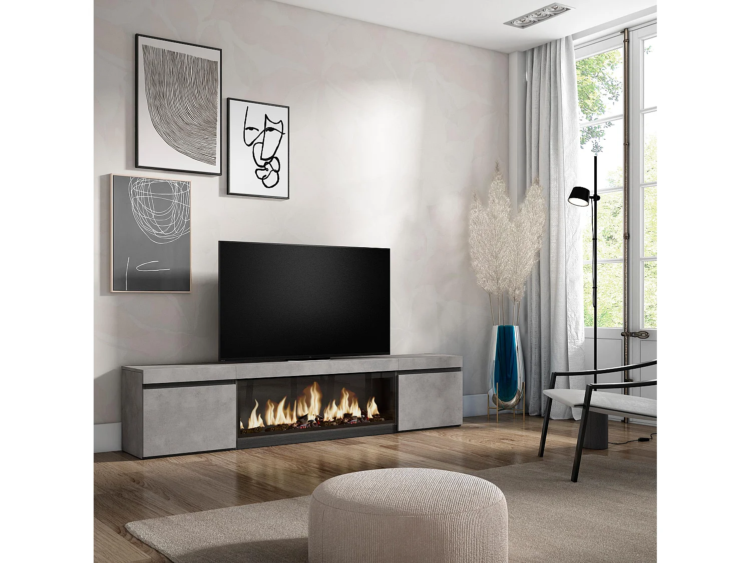 Meuble TV, Banc Télé, 208x35x45cm, Pour les TV jusqu'à 80", Cheminée électrique XXL, Ciment