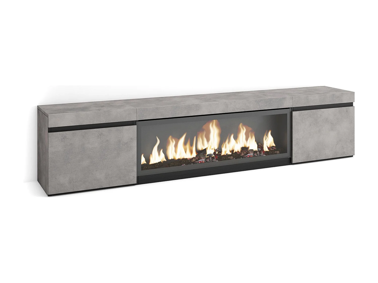Meuble TV, Banc Télé, 208x35x45cm, Pour les TV jusqu'à 80", Cheminée électrique XXL, Ciment