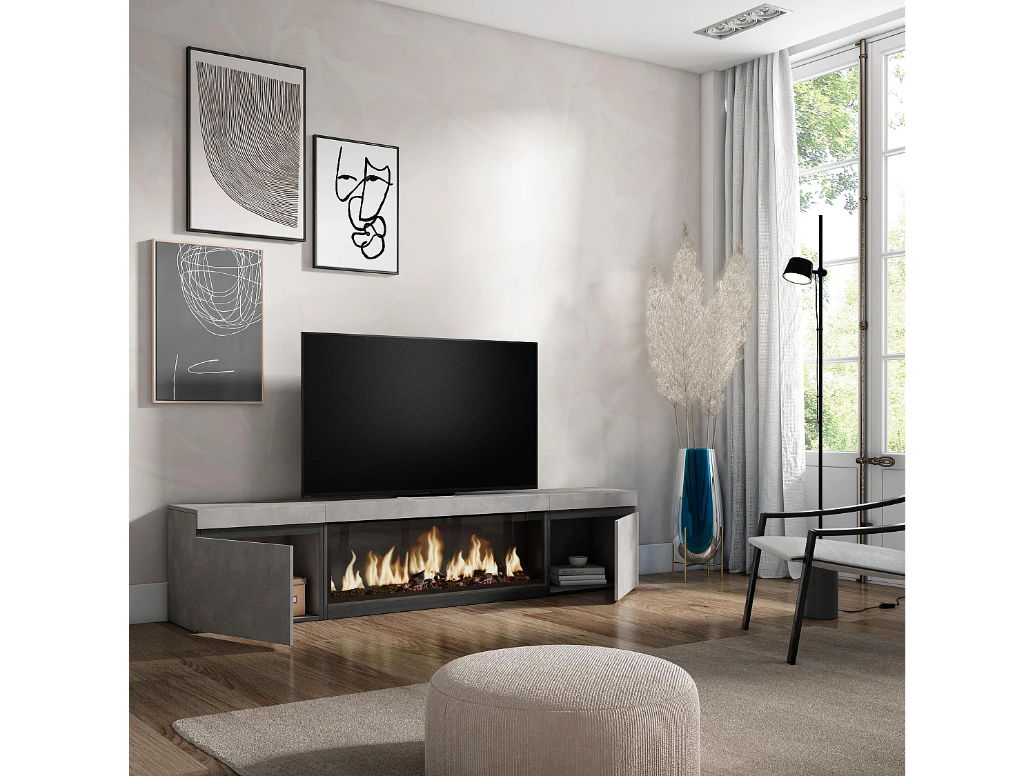 Meuble TV, Banc Télé, 208x35x45cm, Pour les TV jusqu'à 80", Cheminée électrique XXL, Ciment