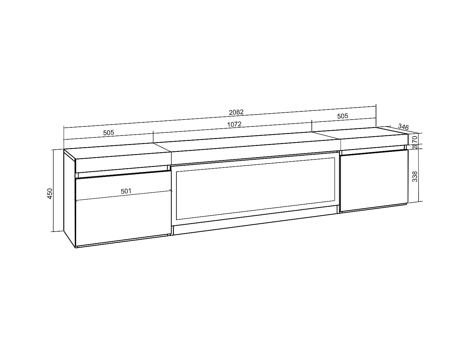 Meuble TV, Banc Télé, 208x35x45cm, Pour les TV jusqu'à 80", Cheminée électrique XXL, Ciment