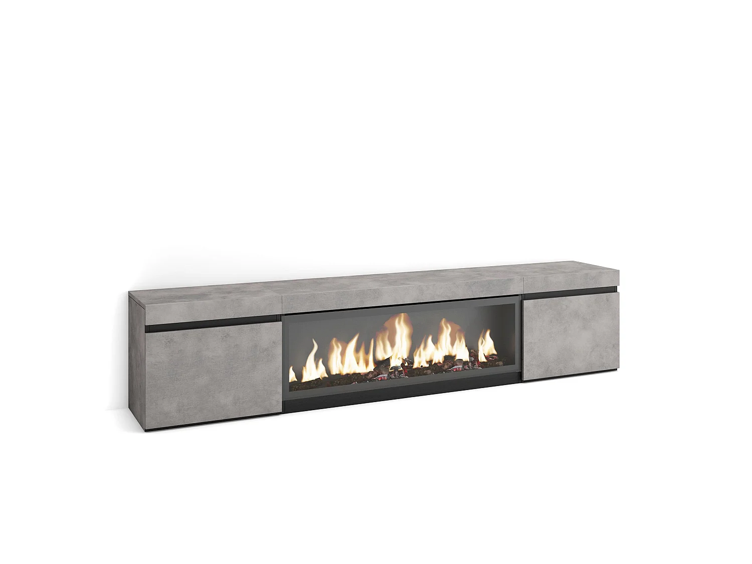 Meuble TV, Banc Télé, 208x35x45cm, Pour les TV jusqu'à 80", Cheminée électrique XXL, Ciment