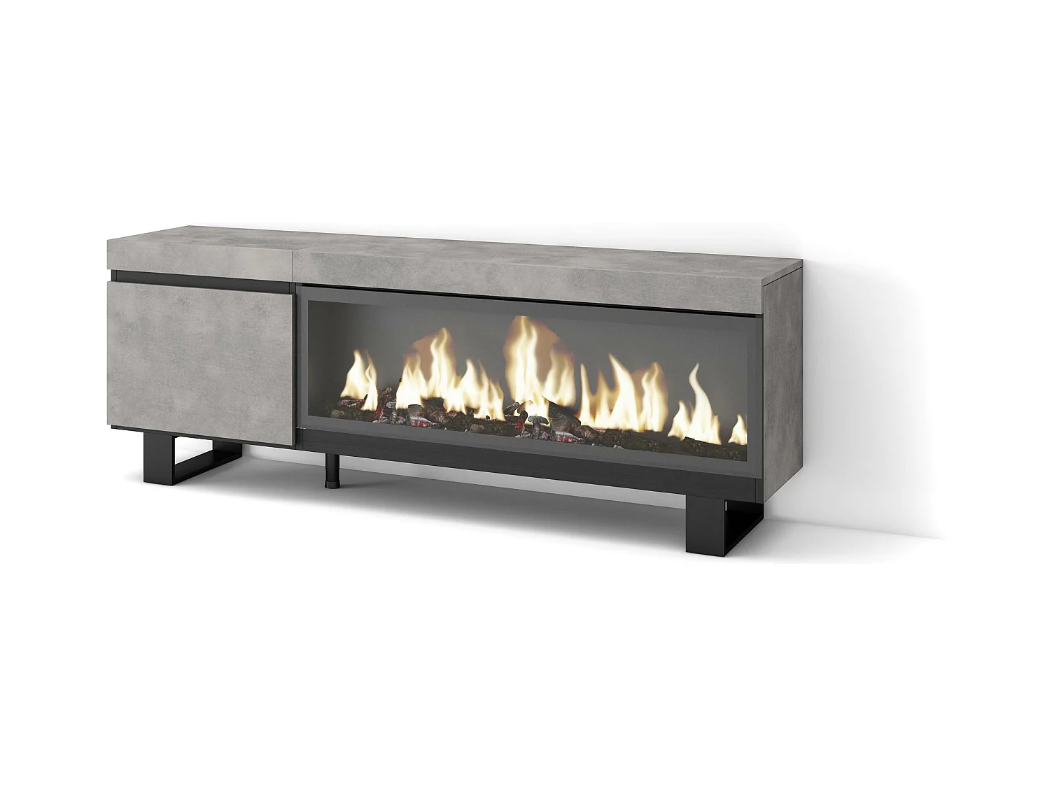 Meuble TV, Banc Télé, 158x35x57cm, Pour les TV jusqu'à 65", Cheminée électrique XXL, Design industriel, Ciment
