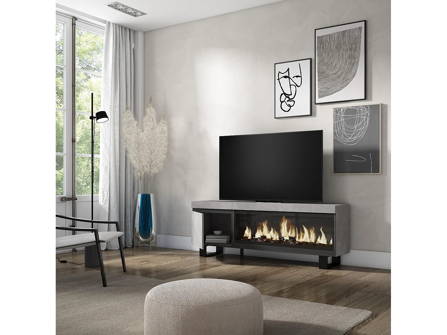 Meuble TV, Banc Télé, 158x35x57cm, Pour les TV jusqu'à 65", Cheminée électrique XXL, Design industriel, Ciment