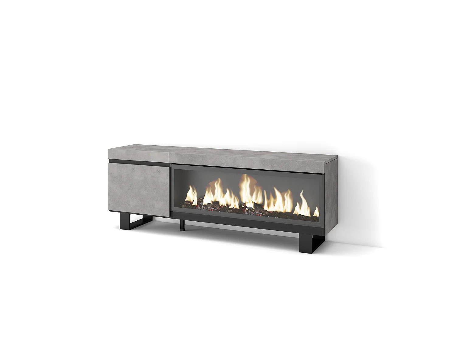 Meuble TV, Banc Télé, 158x35x57cm, Pour les TV jusqu'à 65", Cheminée électrique XXL, Design industriel, Ciment