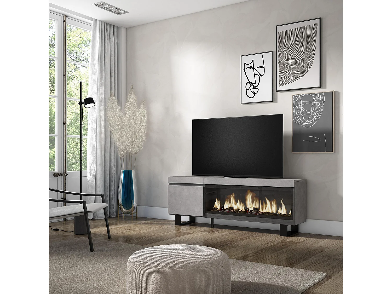 Meuble TV, Banc Télé, 158x35x57cm, Pour les TV jusqu'à 65", Cheminée électrique XXL, Design industriel, Ciment