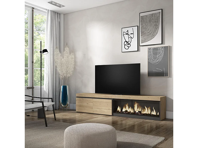 Meuble TV, Banc Télé, 208x35x45cm, Pour les TV jusqu'à 80", Cheminée électrique XXL, Chêne