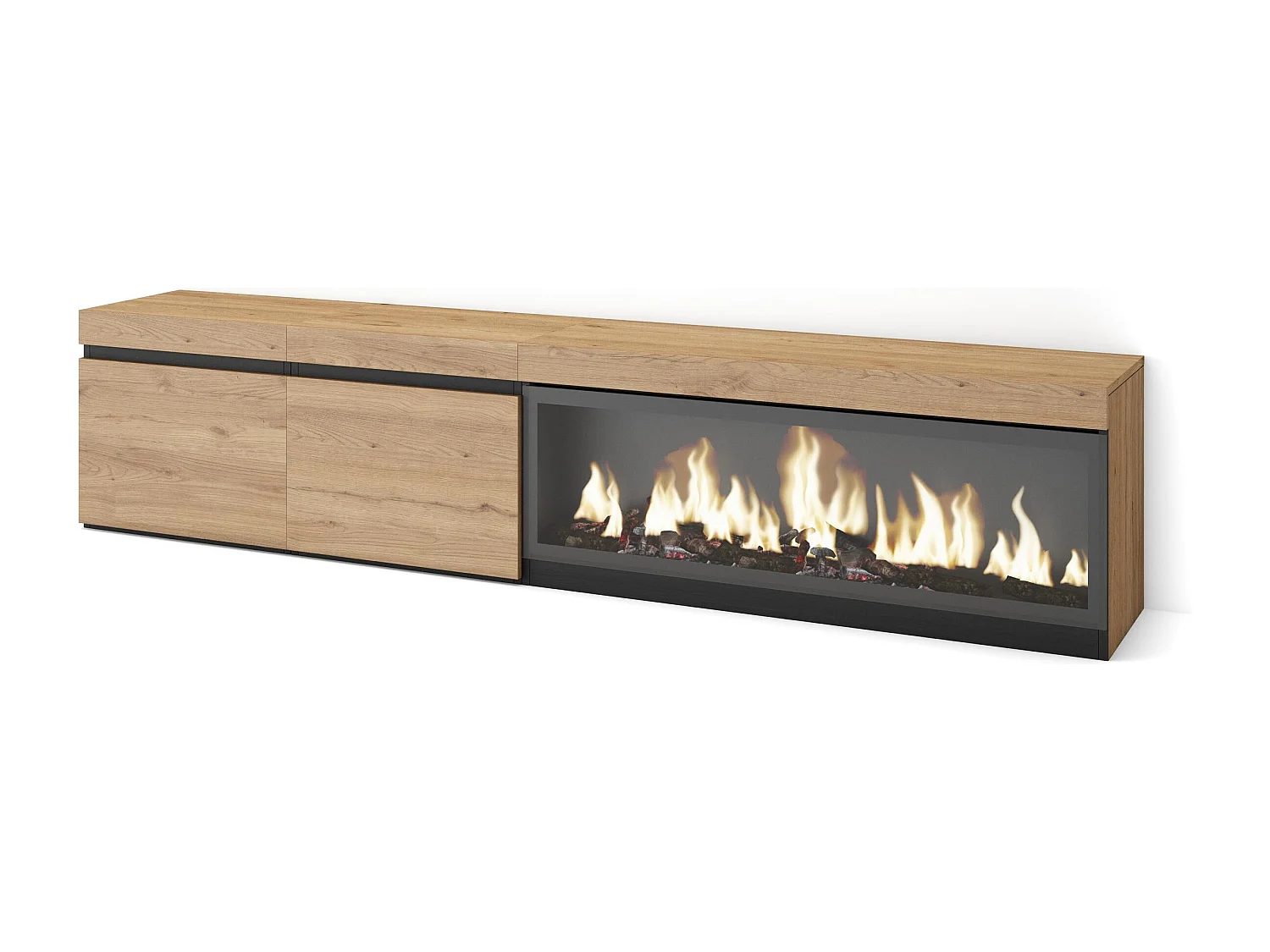 TV-Meubel, Lowboard, 208x35x45cm, Voor tv's tot 80", Elektrische haard XXL, Eiken