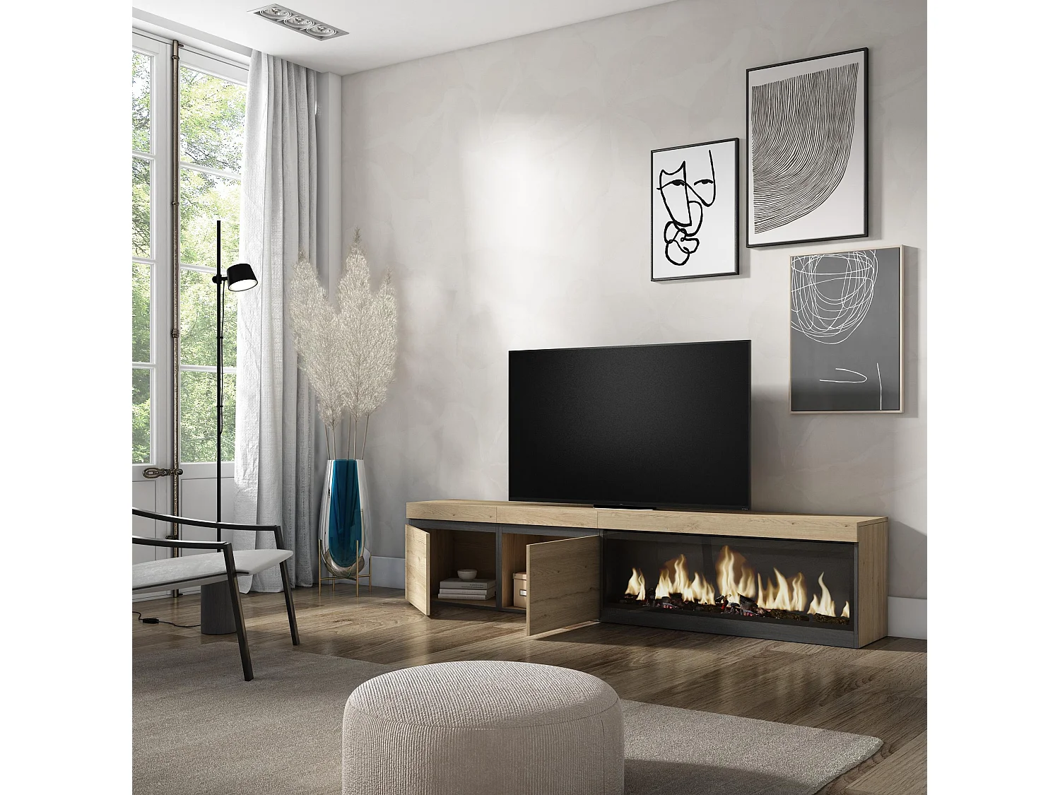 TV-Meubel, Lowboard, 208x35x45cm, Voor tv's tot 80", Elektrische haard XXL, Eiken