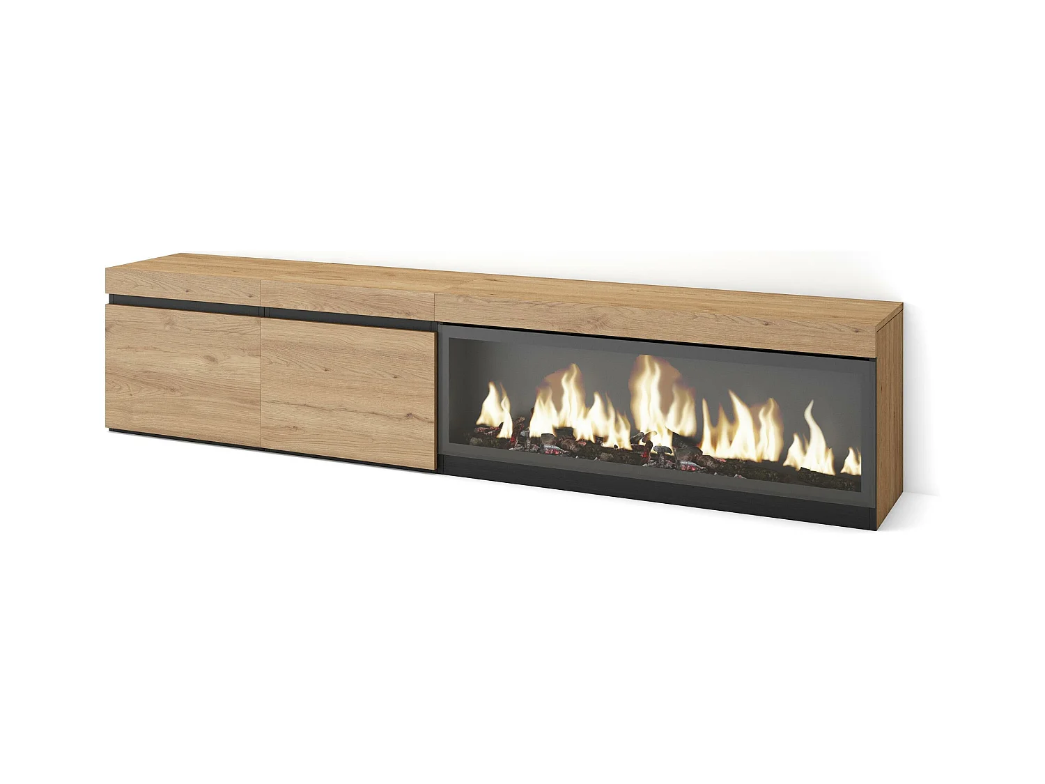 Meuble TV, Banc Télé, 208x35x45cm, Pour les TV jusqu'à 80", Cheminée électrique XXL, Chêne