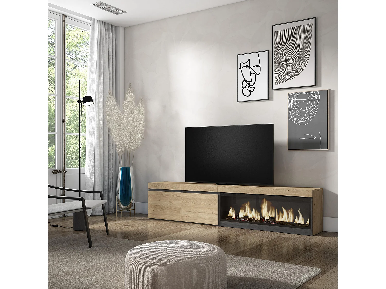 Meuble TV, Banc Télé, 208x35x45cm, Pour les TV jusqu'à 80", Cheminée électrique XXL, Chêne