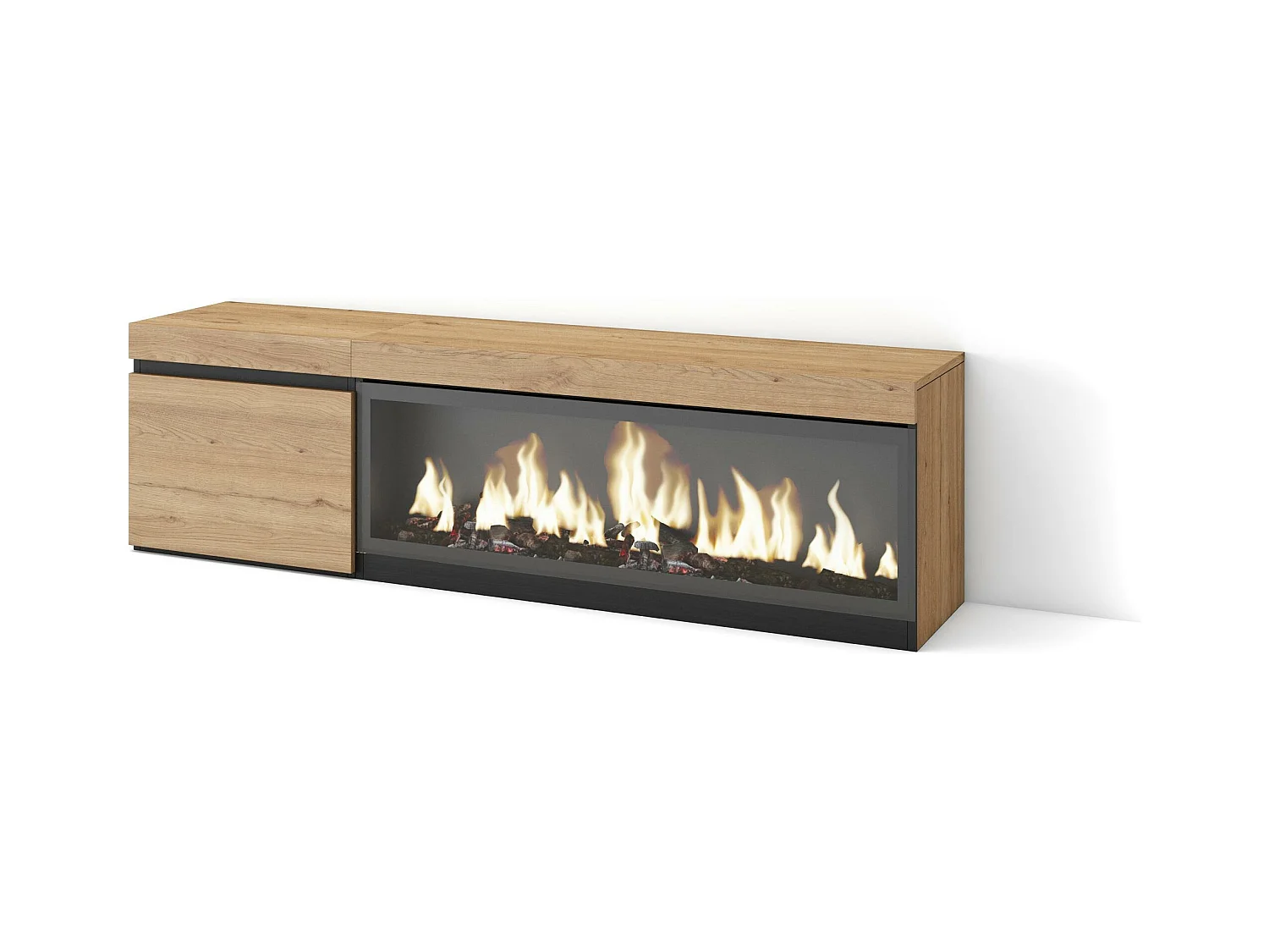 Meuble TV, Banc Télé, 158x35x45cm, Pour les TV jusqu'à 65", Cheminée électrique XXL, Chêne