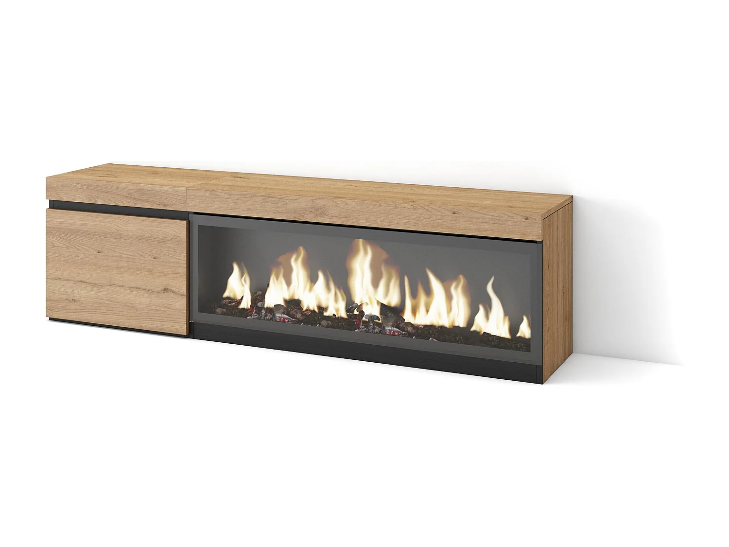 Meuble TV, Banc Télé, 158x35x45cm, Pour les TV jusqu'à 65", Cheminée électrique XXL, Chêne