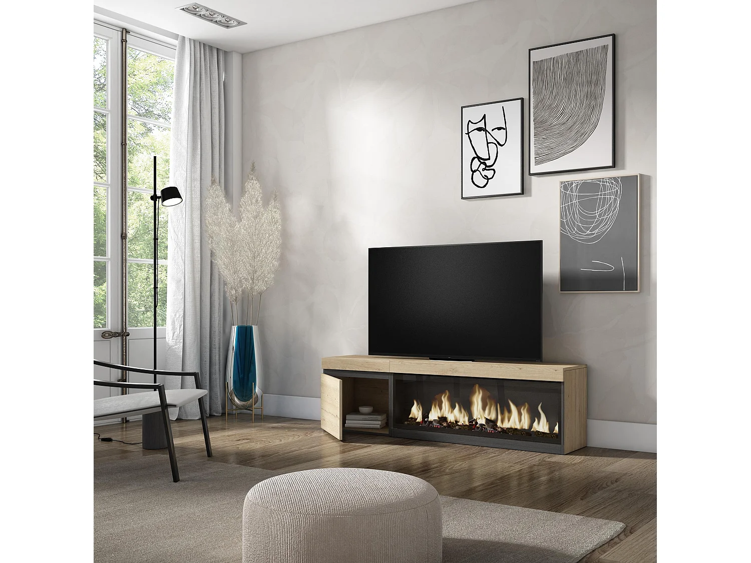 Meuble TV, Banc Télé, 158x35x45cm, Pour les TV jusqu'à 65", Cheminée électrique XXL, Chêne