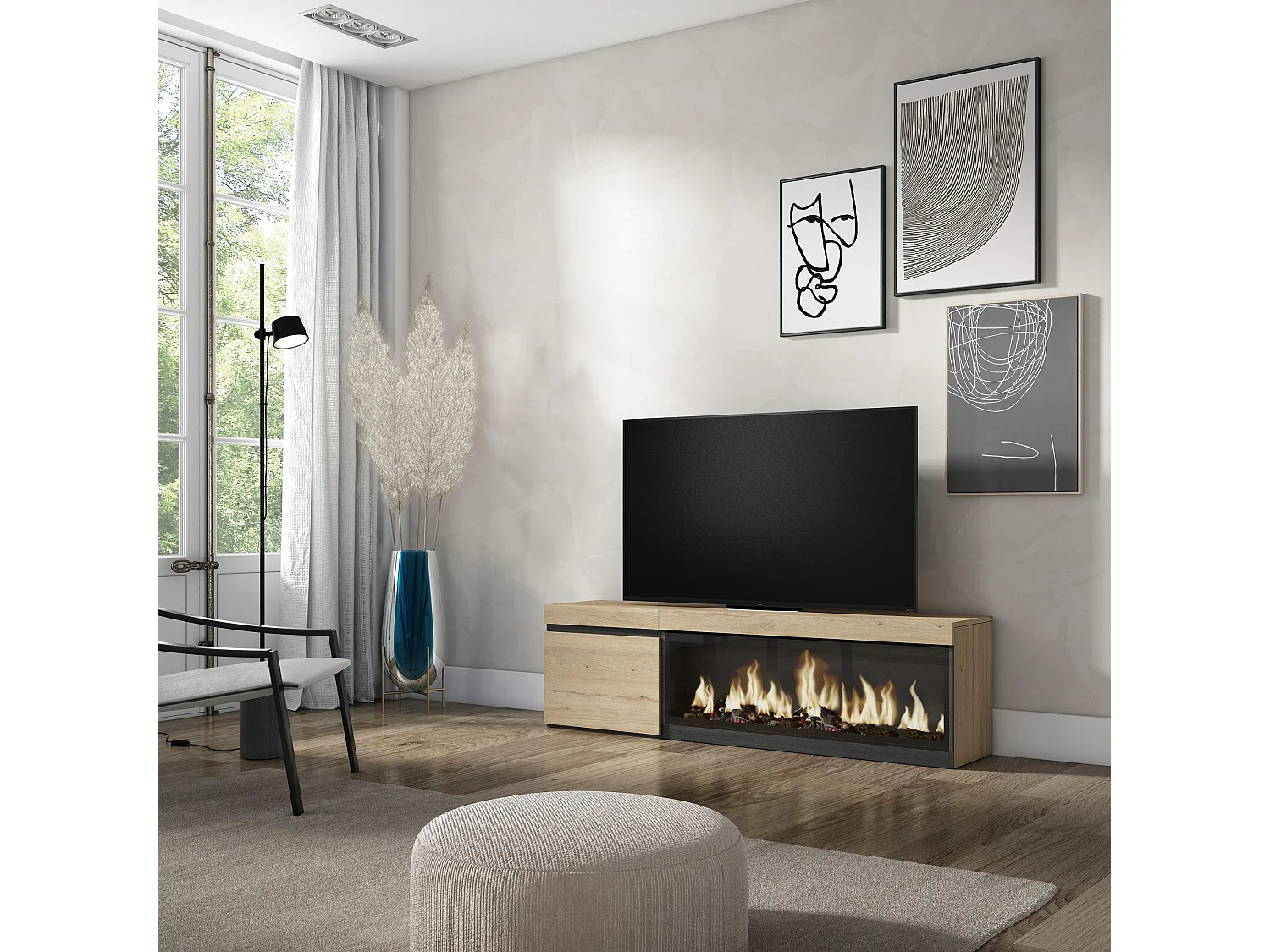 Meuble TV, Banc Télé, 158x35x45cm, Pour les TV jusqu'à 65", Cheminée électrique XXL, Chêne