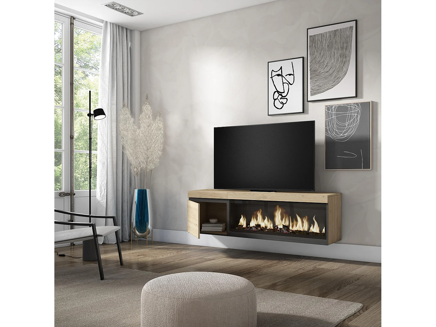 Meuble TV, Banc Télé, 158x35x45cm, Pour les TV jusqu'à 65", Cheminée électrique XXL, Suspendu, Mural, Chêne