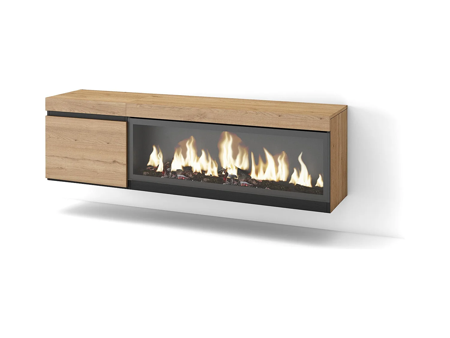 TV-Meubel, Lowboard, 158x35x45cm, Voor tv's tot 65", Elektrische haard XXL, Hangend, Eiken