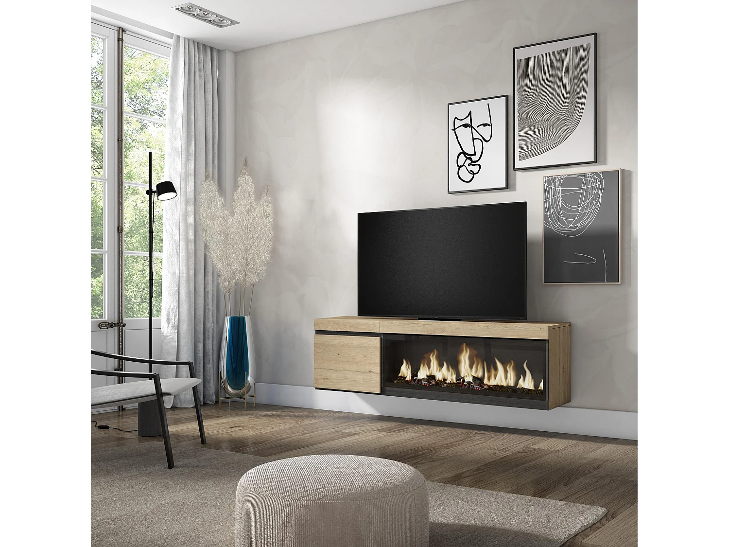 Meuble TV, Banc Télé, 158x35x45cm, Pour les TV jusqu'à 65", Cheminée électrique XXL, Suspendu, Mural, Chêne