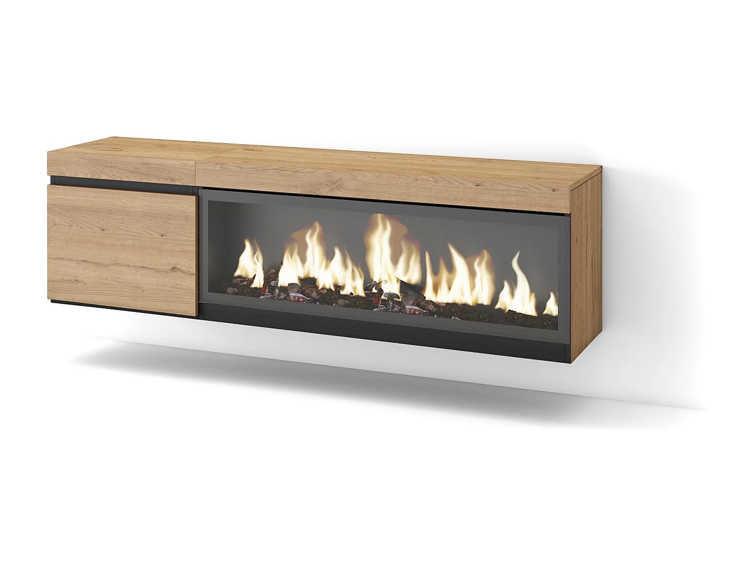 Meuble TV, Banc Télé, 158x35x45cm, Pour les TV jusqu'à 65", Cheminée électrique XXL, Suspendu, Mural, Chêne
