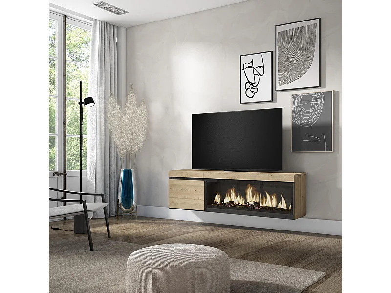 Meuble TV, Banc Télé, 158x35x45cm, Pour les TV jusqu'à 65", Cheminée électrique XXL, Suspendu, Mural, Chêne