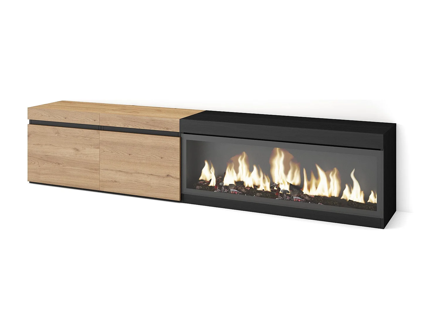 Meuble TV, Banc Télé, 208x35x45cm, Pour les TV jusqu'à 80", Cheminée électrique XXL, Chêne et noir