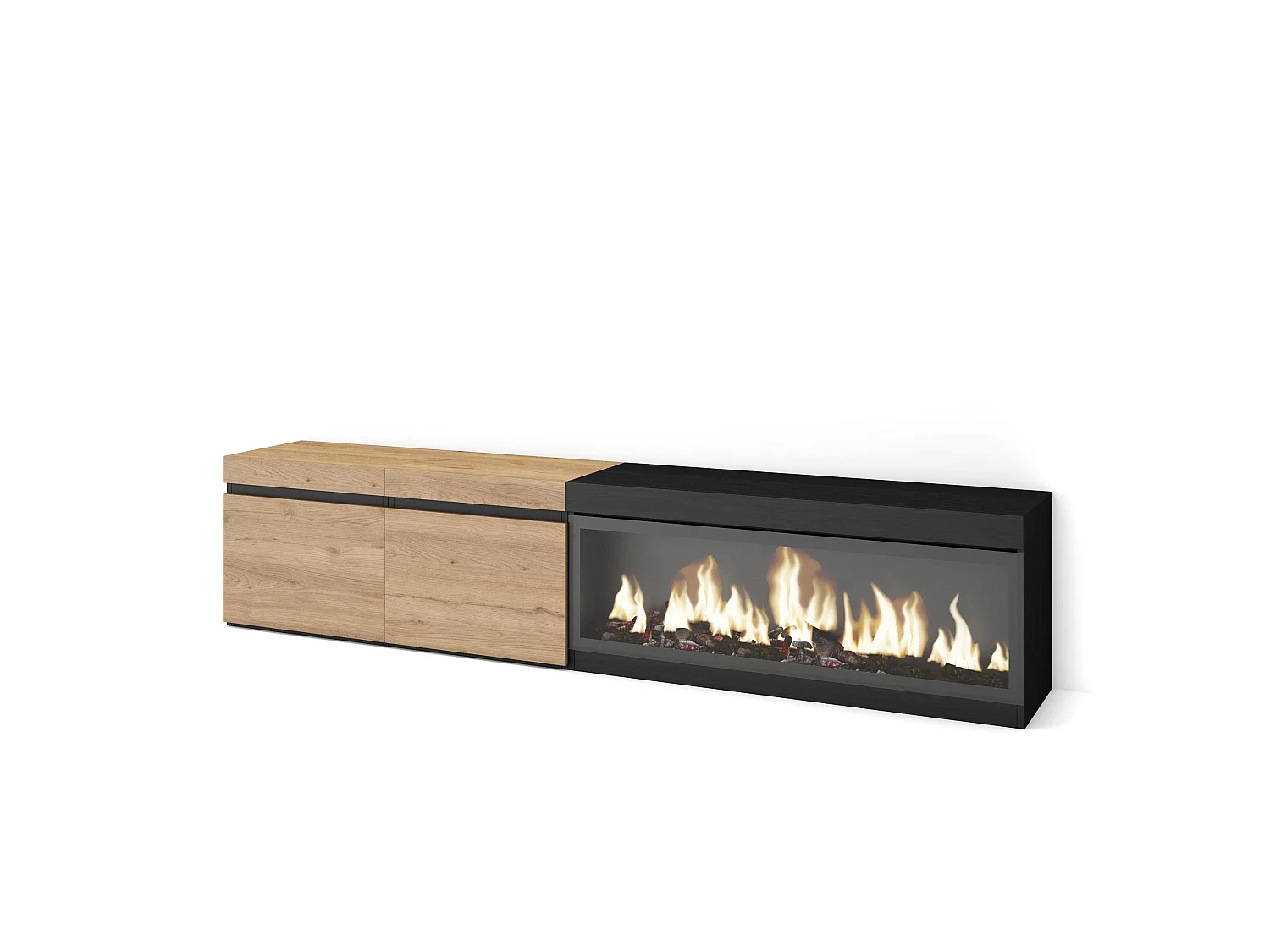 Mobile TV Soggiorno, 208x35x45cm, Per TV fino a 80", Camino elettrico XXL, Rovere e nero