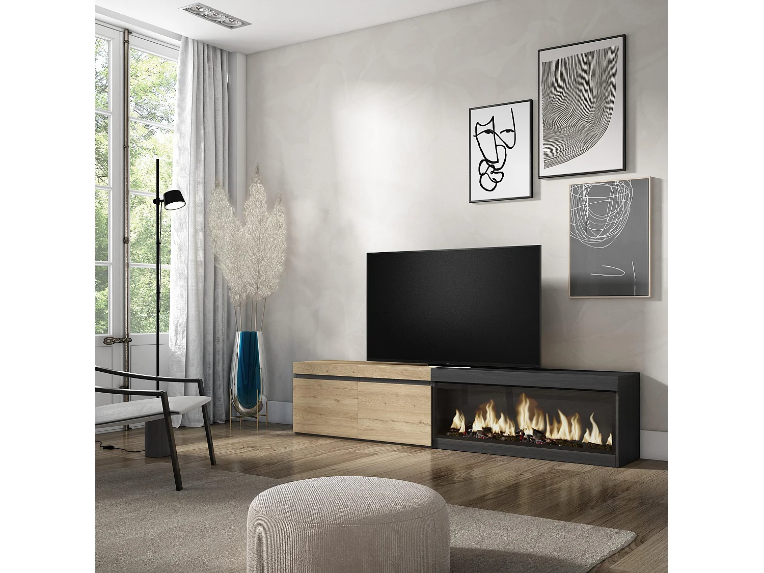 Mobile TV Soggiorno, 208x35x45cm, Per TV fino a 80", Camino elettrico XXL, Rovere e nero