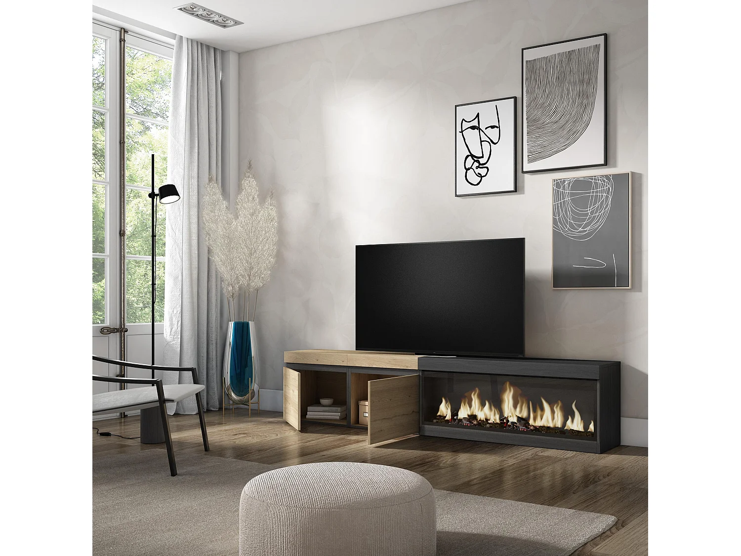 Mobile TV Soggiorno, 208x35x45cm, Per TV fino a 80", Camino elettrico XXL, Rovere e nero