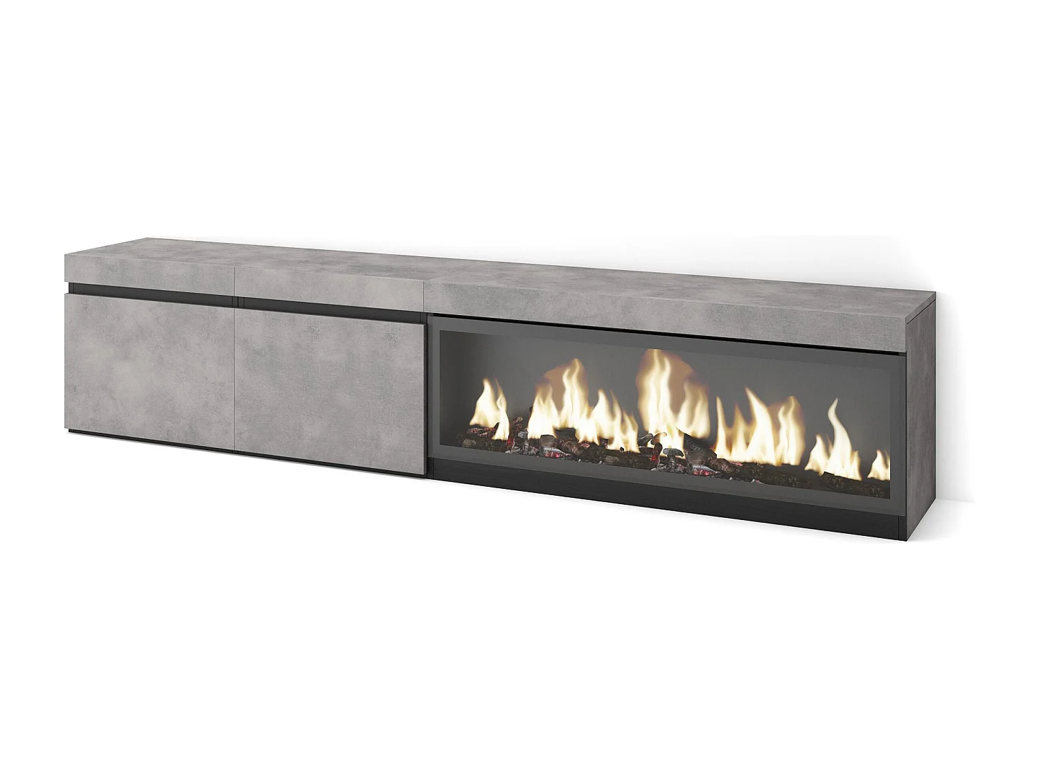 TV-Meubel, Lowboard, 208x35x45cm, Voor tv's tot 80", Elektrische haard XXL, Cement