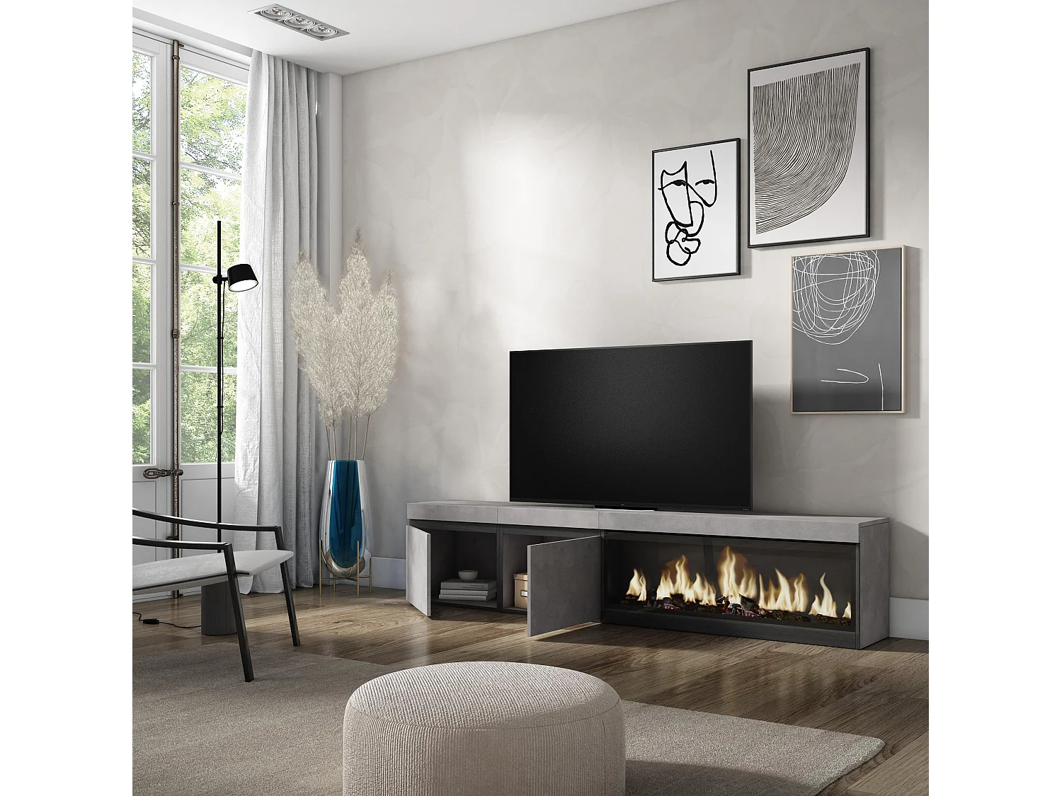 TV-Meubel, Lowboard, 208x35x45cm, Voor tv's tot 80", Elektrische haard XXL, Cement