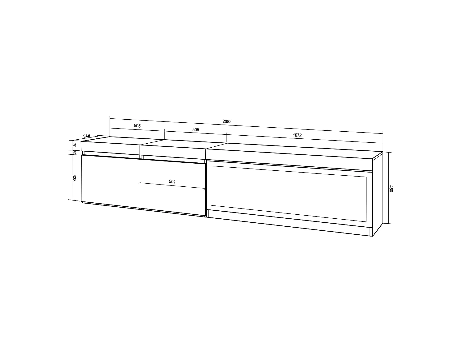 TV-Meubel, Lowboard, 208x35x45cm, Voor tv's tot 80", Elektrische haard XXL, Cement