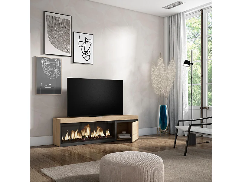 Meuble TV, Banc Télé, 158x35x45cm, Pour les TV jusqu'à 65", Cheminée électrique XXL, Chêne