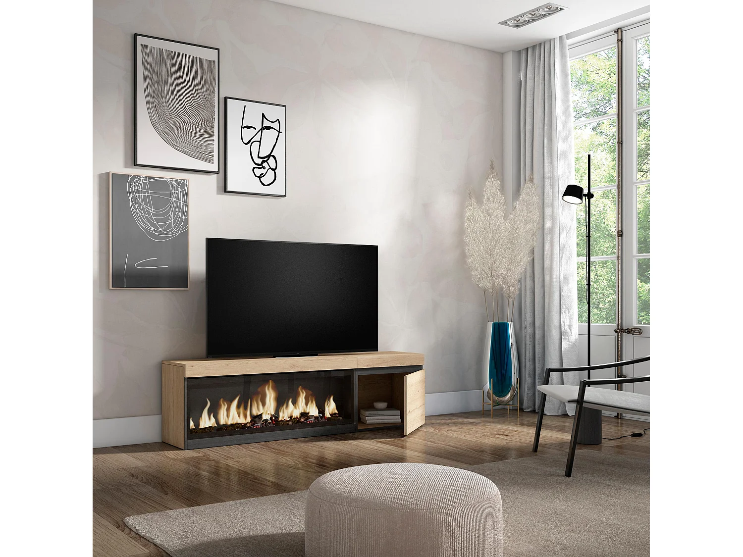 Meuble TV, Banc Télé, 158x35x45cm, Pour les TV jusqu'à 65", Cheminée électrique XXL, Chêne