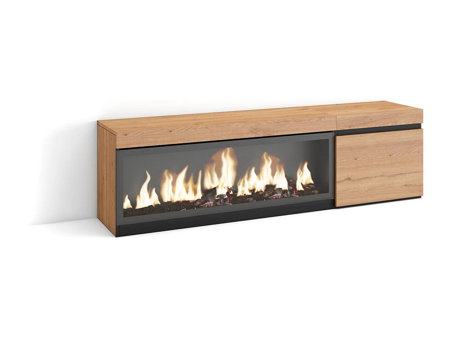 Meuble TV, Banc Télé, 158x35x45cm, Pour les TV jusqu'à 65", Cheminée électrique XXL, Chêne